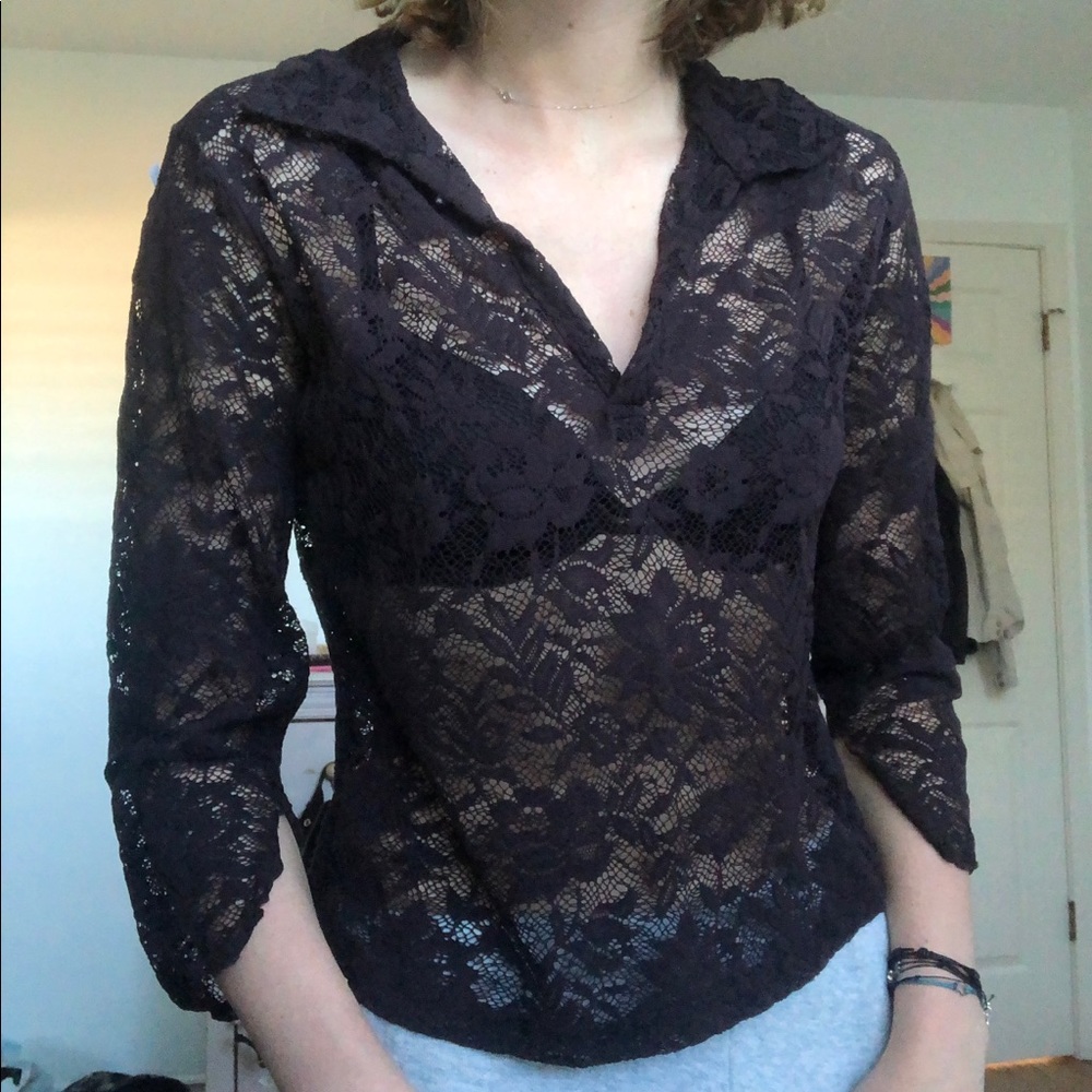 Vintage y2k brown lace floral mesh collared crop top size S